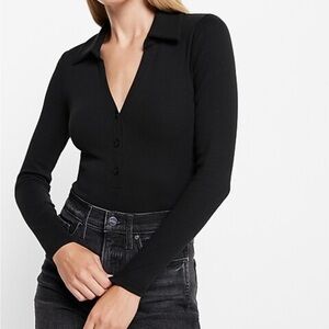 Express Ribbed V-Neck Long Sleeve Henley Bodysuit Top Size Large